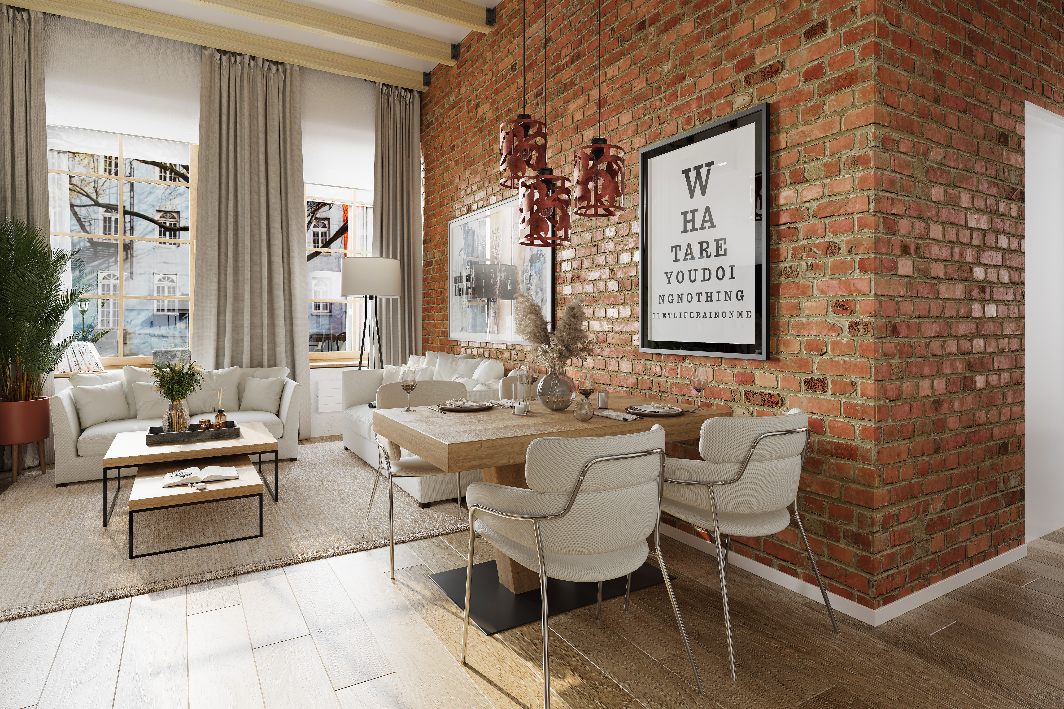 Three copper pendant forms arranged above a dining table in a room study